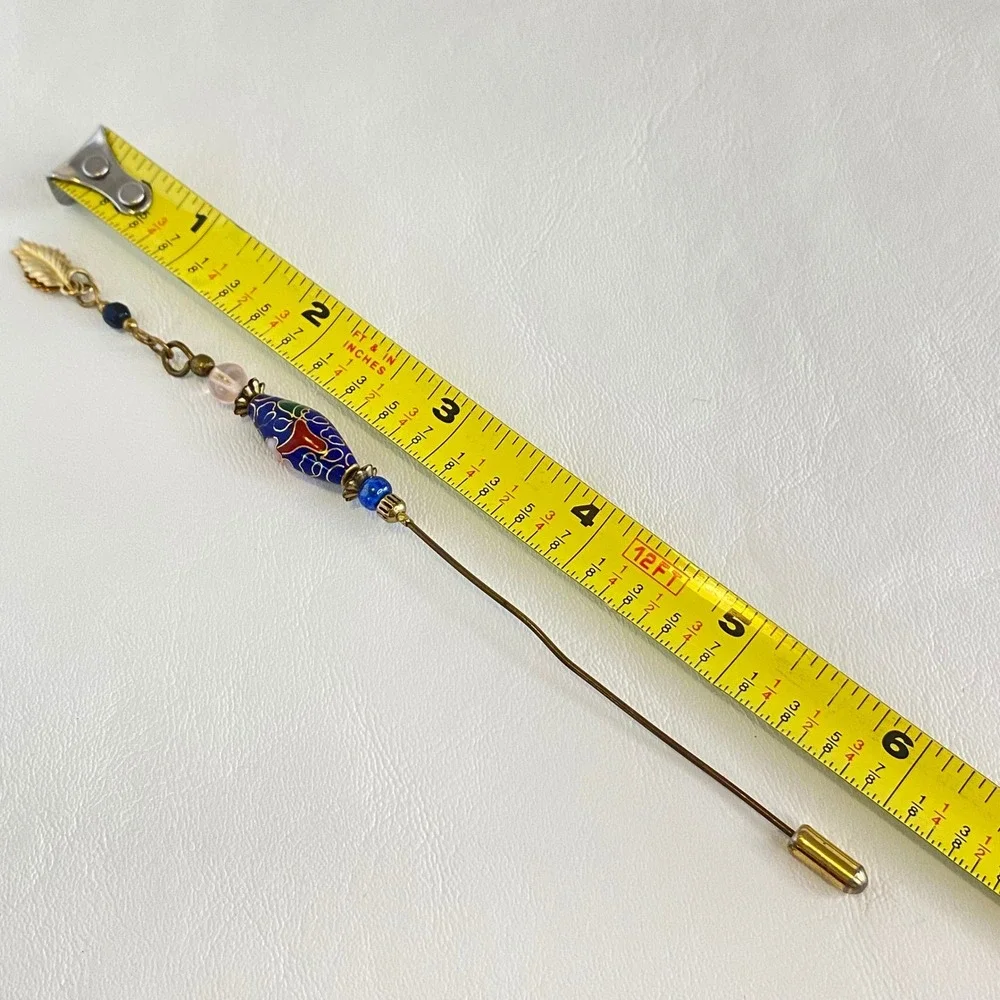 Vintage Blue Cloisonne Stick Hat Pin Enamel Floral Gold Tone Leaf Charms Beads